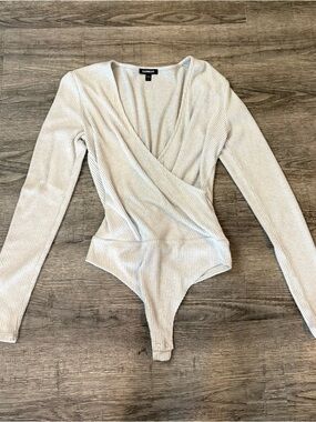 Express Light Grey Ribbed Wrap-Front Long Sleeve Bodysuit